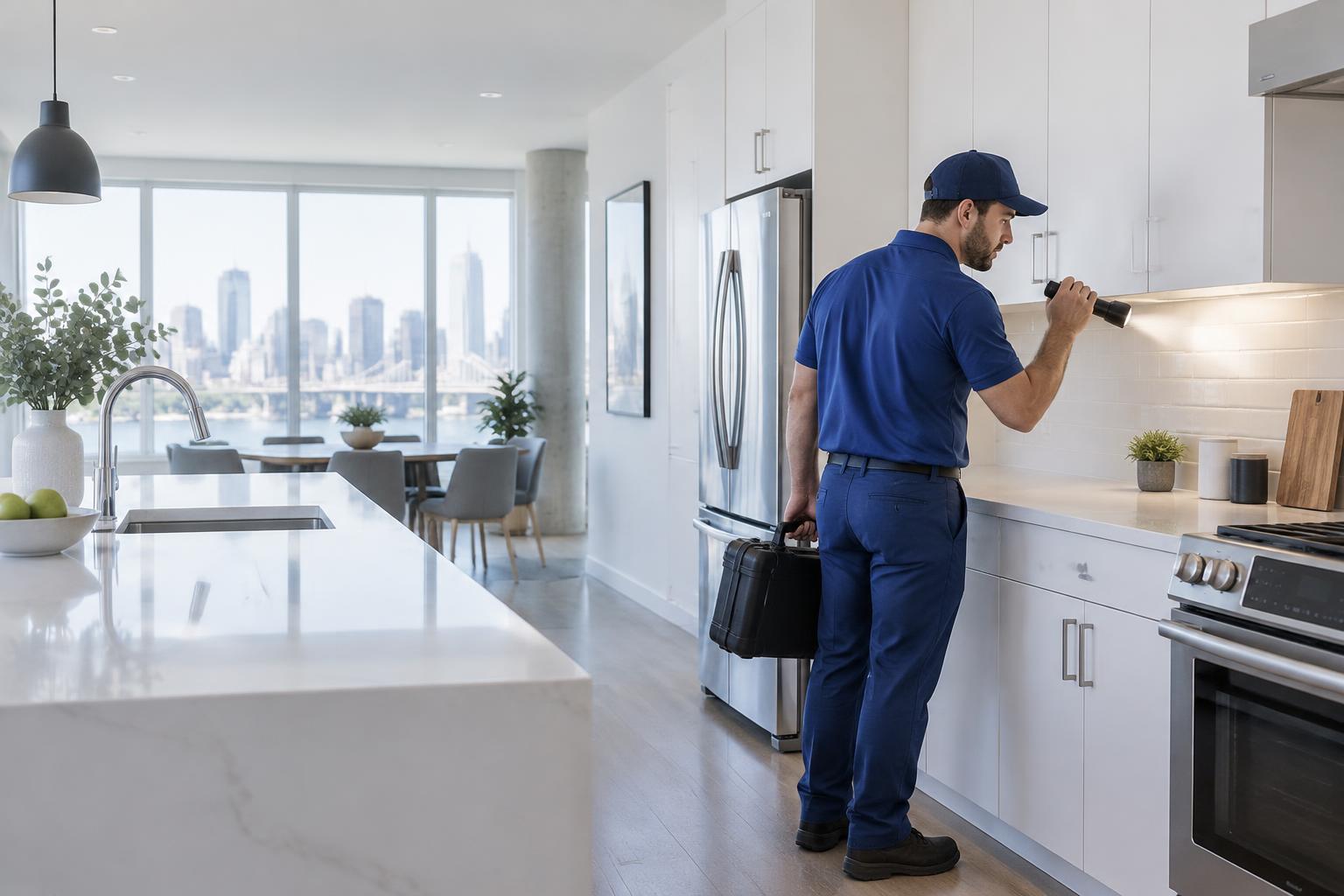 Technicien en gestion parasitaire inspectant une cuisine moderne